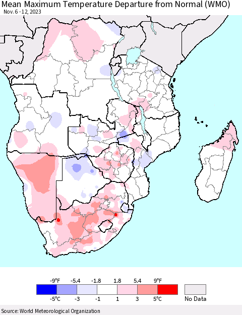 Southern Africa Mean Maximum Temperature Departure from Normal (WMO) Thematic Map For 11/6/2023 - 11/12/2023
