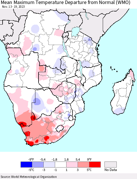 Southern Africa Mean Maximum Temperature Departure from Normal (WMO) Thematic Map For 11/13/2023 - 11/19/2023