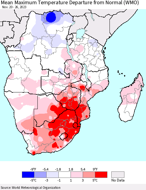 Southern Africa Mean Maximum Temperature Departure from Normal (WMO) Thematic Map For 11/20/2023 - 11/26/2023
