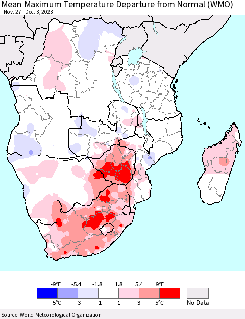 Southern Africa Mean Maximum Temperature Departure from Normal (WMO) Thematic Map For 11/27/2023 - 12/3/2023