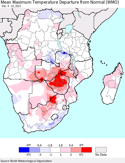 Southern Africa Mean Maximum Temperature Departure from Normal (WMO) Thematic Map For 12/4/2023 - 12/10/2023