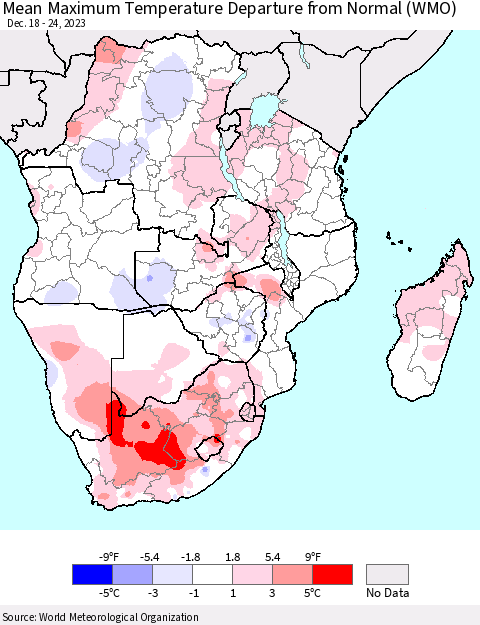 Southern Africa Mean Maximum Temperature Departure from Normal (WMO) Thematic Map For 12/18/2023 - 12/24/2023