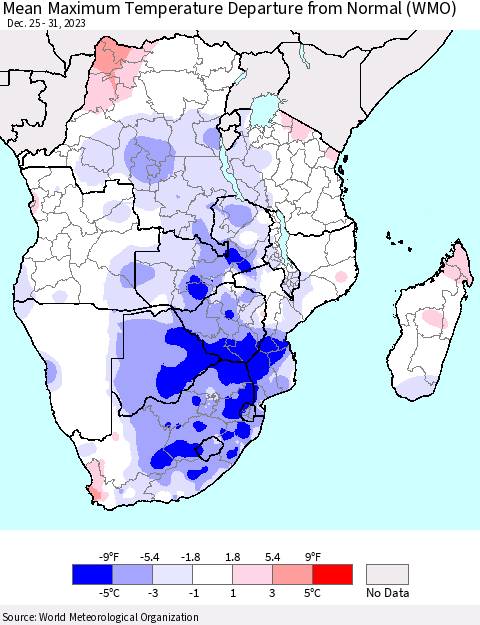 Southern Africa Mean Maximum Temperature Departure from Normal (WMO) Thematic Map For 12/25/2023 - 12/31/2023