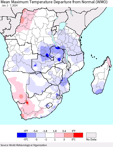 Southern Africa Mean Maximum Temperature Departure from Normal (WMO) Thematic Map For 1/1/2024 - 1/7/2024