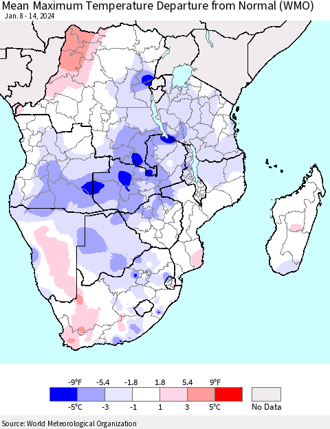 Southern Africa Mean Maximum Temperature Departure from Normal (WMO) Thematic Map For 1/8/2024 - 1/14/2024