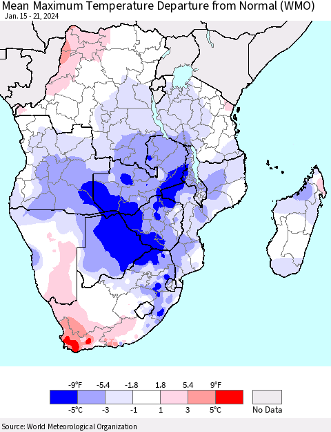 Southern Africa Mean Maximum Temperature Departure from Normal (WMO) Thematic Map For 1/15/2024 - 1/21/2024