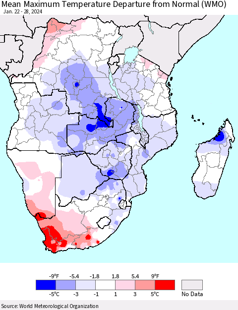 Southern Africa Mean Maximum Temperature Departure from Normal (WMO) Thematic Map For 1/22/2024 - 1/28/2024
