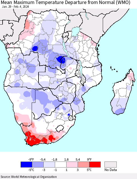 Southern Africa Mean Maximum Temperature Departure from Normal (WMO) Thematic Map For 1/29/2024 - 2/4/2024