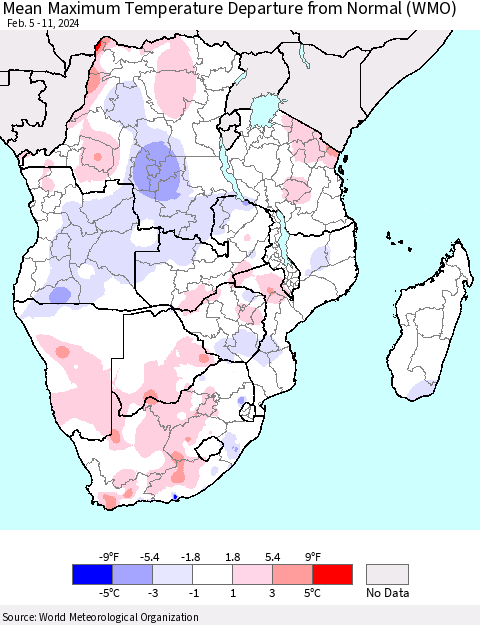 Southern Africa Mean Maximum Temperature Departure from Normal (WMO) Thematic Map For 2/5/2024 - 2/11/2024