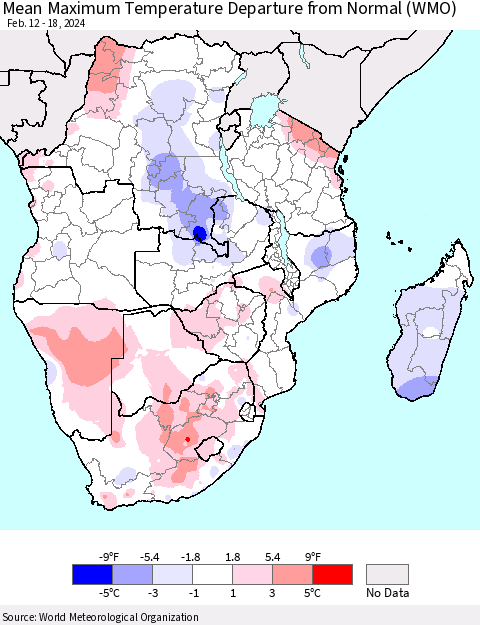 Southern Africa Mean Maximum Temperature Departure from Normal (WMO) Thematic Map For 2/12/2024 - 2/18/2024