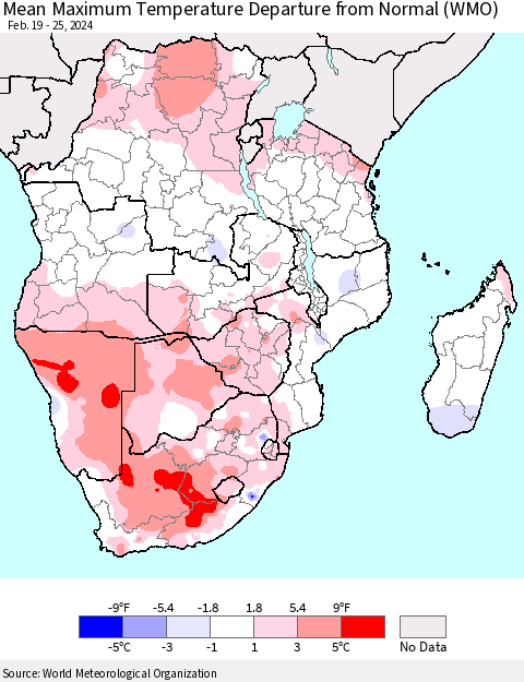 Southern Africa Mean Maximum Temperature Departure from Normal (WMO) Thematic Map For 2/19/2024 - 2/25/2024
