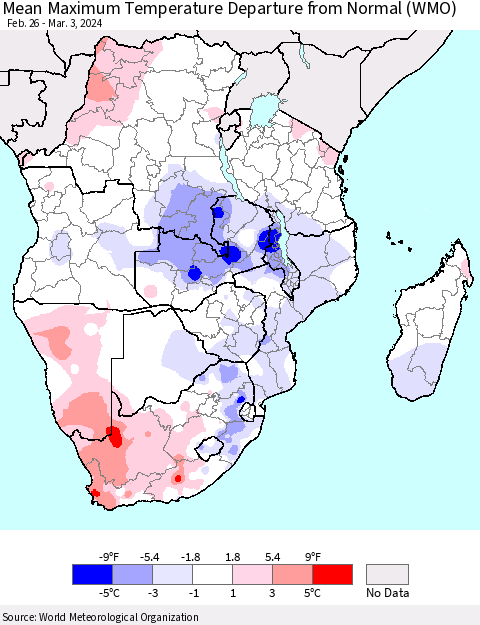 Southern Africa Mean Maximum Temperature Departure from Normal (WMO) Thematic Map For 2/26/2024 - 3/3/2024