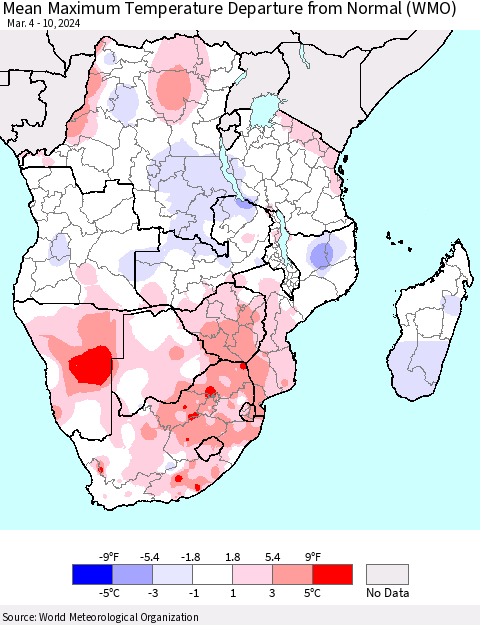 Southern Africa Mean Maximum Temperature Departure from Normal (WMO) Thematic Map For 3/4/2024 - 3/10/2024