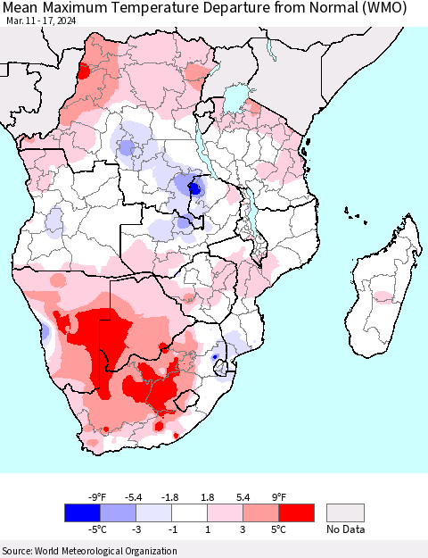 Southern Africa Mean Maximum Temperature Departure from Normal (WMO) Thematic Map For 3/11/2024 - 3/17/2024