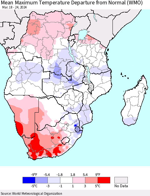 Southern Africa Mean Maximum Temperature Departure from Normal (WMO) Thematic Map For 3/18/2024 - 3/24/2024