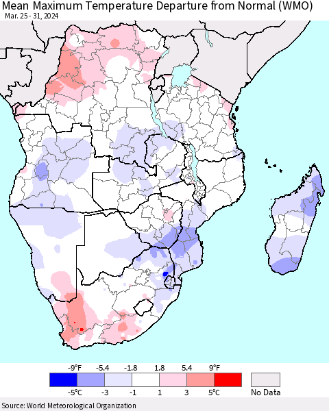 Southern Africa Mean Maximum Temperature Departure from Normal (WMO) Thematic Map For 3/25/2024 - 3/31/2024