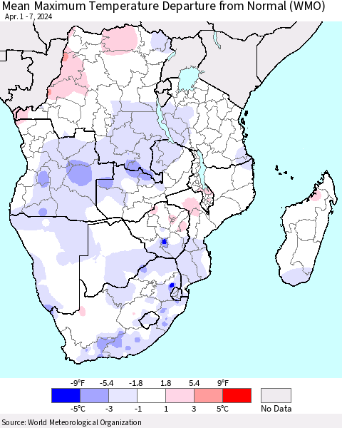 Southern Africa Mean Maximum Temperature Departure from Normal (WMO) Thematic Map For 4/1/2024 - 4/7/2024
