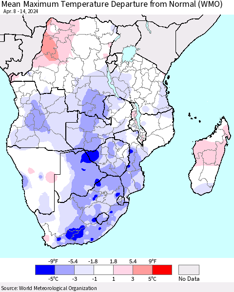 Southern Africa Mean Maximum Temperature Departure from Normal (WMO) Thematic Map For 4/8/2024 - 4/14/2024