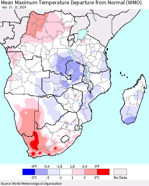 Southern Africa Mean Maximum Temperature Departure from Normal (WMO) Thematic Map For 4/15/2024 - 4/21/2024
