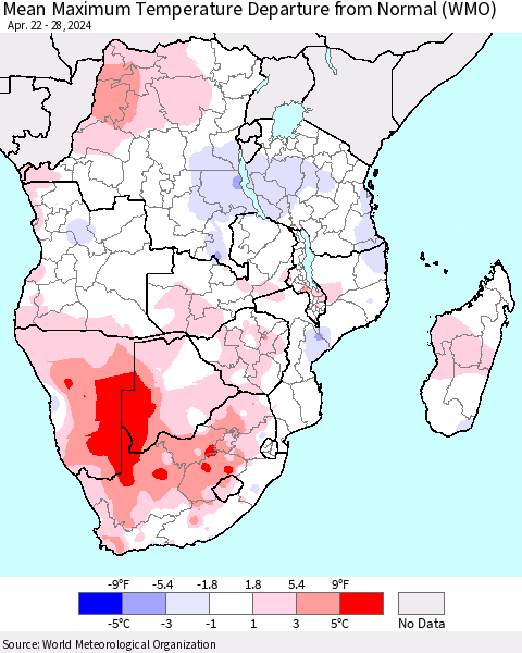 Southern Africa Mean Maximum Temperature Departure from Normal (WMO) Thematic Map For 4/22/2024 - 4/28/2024