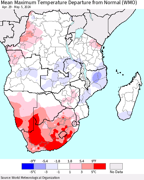 Southern Africa Mean Maximum Temperature Departure from Normal (WMO) Thematic Map For 4/29/2024 - 5/5/2024