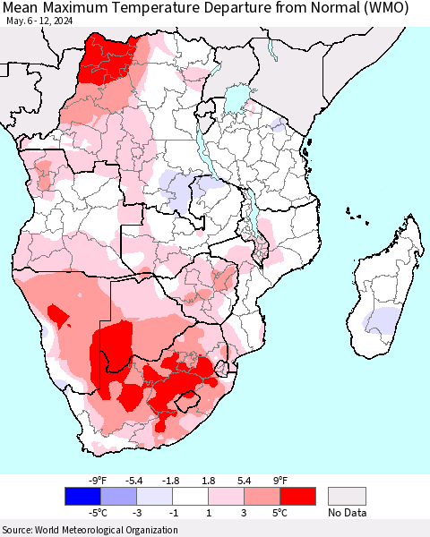 Southern Africa Mean Maximum Temperature Departure from Normal (WMO) Thematic Map For 5/6/2024 - 5/12/2024