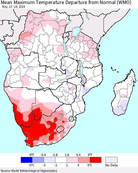 Southern Africa Mean Maximum Temperature Departure from Normal (WMO) Thematic Map For 5/13/2024 - 5/19/2024
