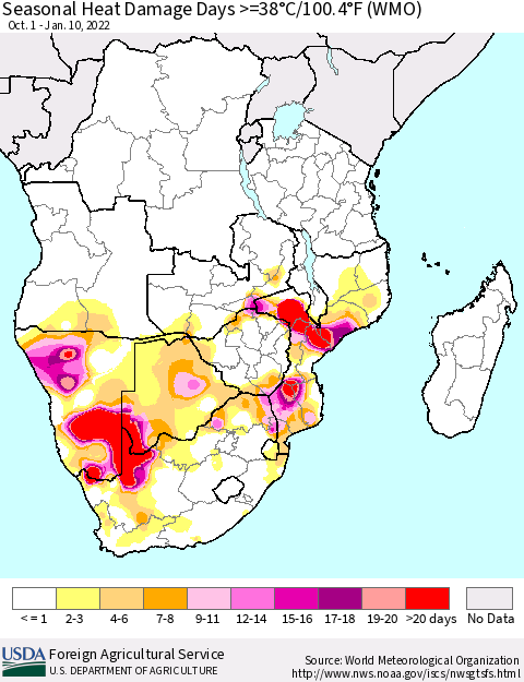 Southern Africa Seasonal Heat Damage Days >=38°C/100°F (WMO) Thematic Map For 10/1/2021 - 1/10/2022