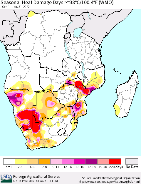 Southern Africa Seasonal Heat Damage Days >=38°C/100°F (WMO) Thematic Map For 10/1/2021 - 1/31/2022