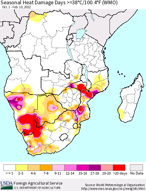 Southern Africa Seasonal Heat Damage Days >=38°C/100°F (WMO) Thematic Map For 10/1/2021 - 2/10/2022