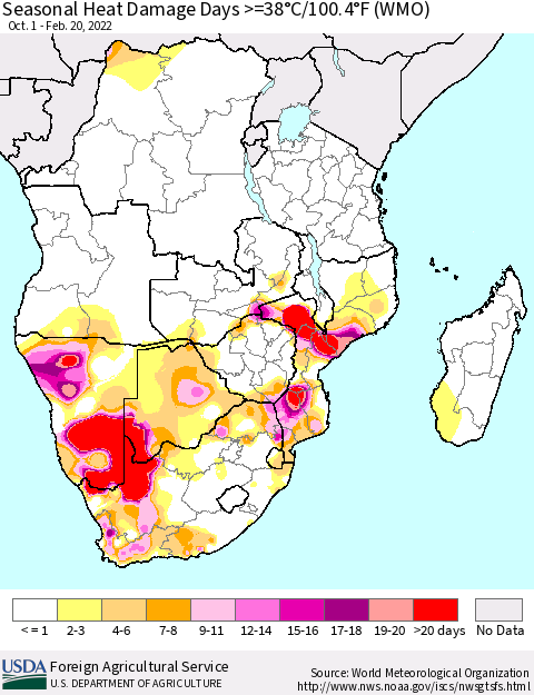 Southern Africa Seasonal Heat Damage Days >=38°C/100°F (WMO) Thematic Map For 10/1/2021 - 2/20/2022