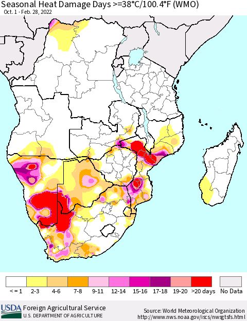 Southern Africa Seasonal Heat Damage Days >=38°C/100°F (WMO) Thematic Map For 10/1/2021 - 2/28/2022