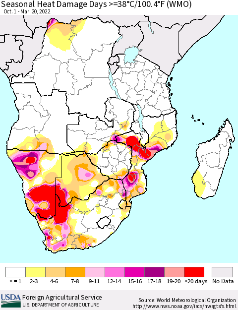Southern Africa Seasonal Heat Damage Days >=38°C/100°F (WMO) Thematic Map For 10/1/2021 - 3/20/2022