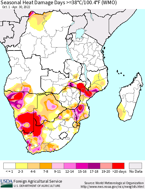 Southern Africa Seasonal Heat Damage Days >=38°C/100°F (WMO) Thematic Map For 10/1/2021 - 4/30/2022