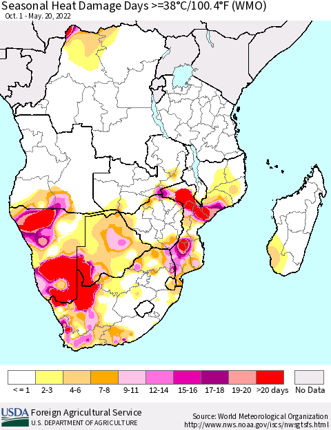 Southern Africa Seasonal Heat Damage Days >=38°C/100°F (WMO) Thematic Map For 10/1/2021 - 5/20/2022