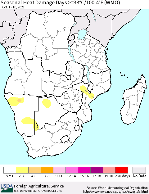 Southern Africa Seasonal Heat Damage Days >=38°C/100°F (WMO) Thematic Map For 10/1/2021 - 10/10/2021