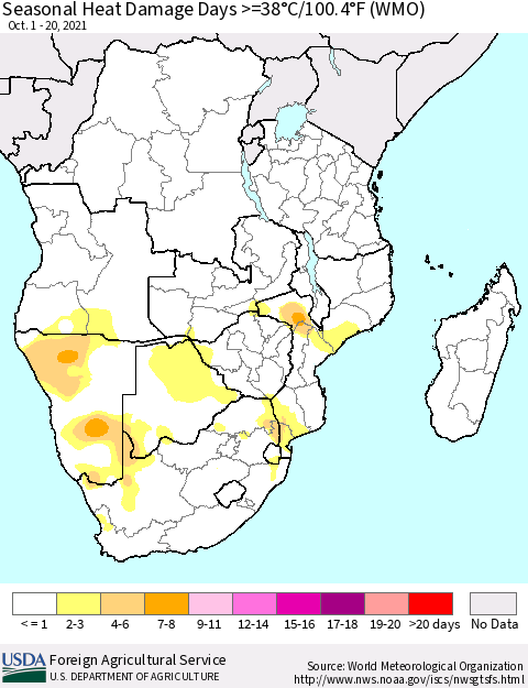 Southern Africa Seasonal Heat Damage Days >=38°C/100°F (WMO) Thematic Map For 10/1/2021 - 10/20/2021