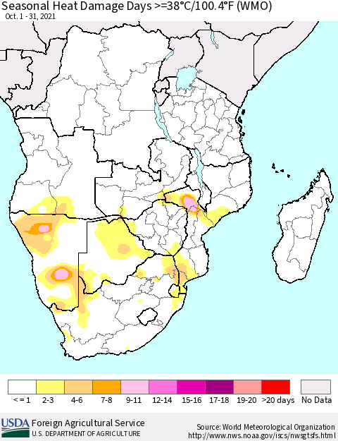 Southern Africa Seasonal Heat Damage Days >=38°C/100°F (WMO) Thematic Map For 10/1/2021 - 10/31/2021