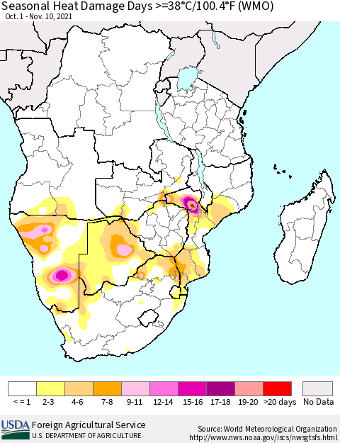 Southern Africa Seasonal Heat Damage Days >=38°C/100°F (WMO) Thematic Map For 10/1/2021 - 11/10/2021