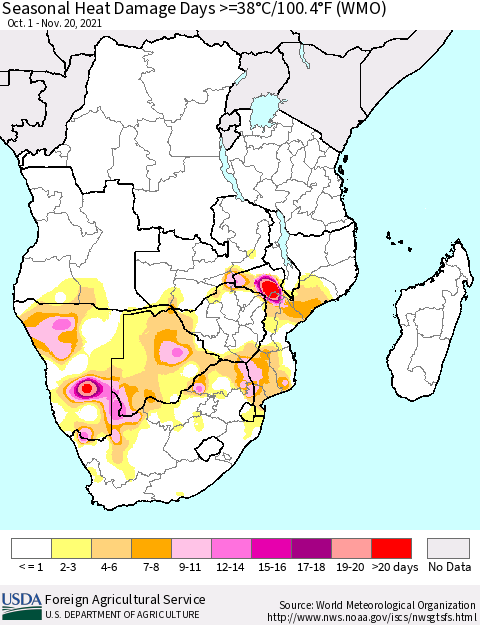 Southern Africa Seasonal Heat Damage Days >=38°C/100°F (WMO) Thematic Map For 10/1/2021 - 11/20/2021