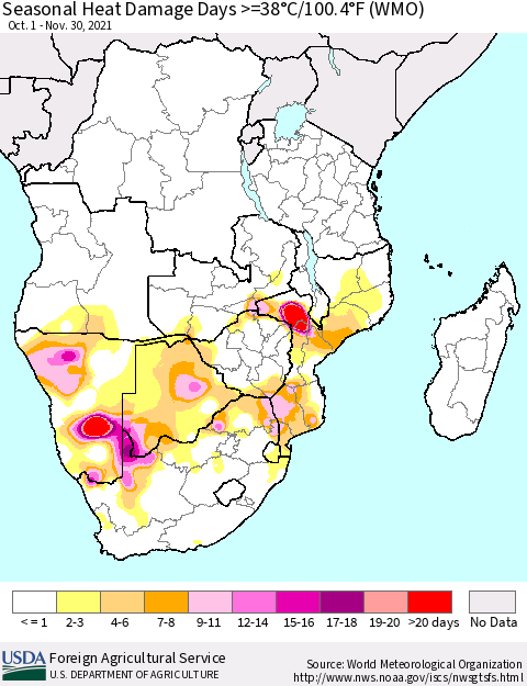 Southern Africa Seasonal Heat Damage Days >=38°C/100°F (WMO) Thematic Map For 10/1/2021 - 11/30/2021