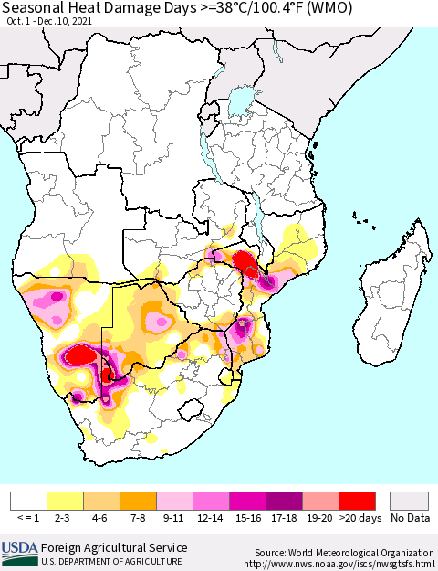 Southern Africa Seasonal Heat Damage Days >=38°C/100°F (WMO) Thematic Map For 10/1/2021 - 12/10/2021