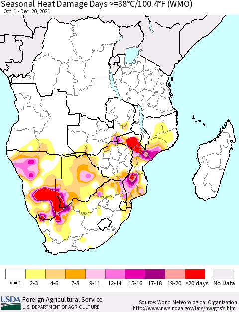 Southern Africa Seasonal Heat Damage Days >=38°C/100°F (WMO) Thematic Map For 10/1/2021 - 12/20/2021