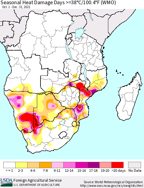 Southern Africa Seasonal Heat Damage Days >=38°C/100°F (WMO) Thematic Map For 10/1/2021 - 12/31/2021