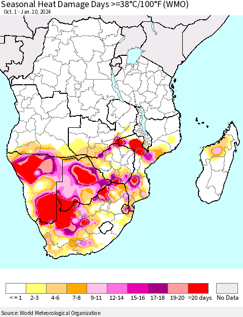 Southern Africa Seasonal Heat Damage Days >=38°C/100°F (WMO) Thematic Map For 10/1/2023 - 1/10/2024