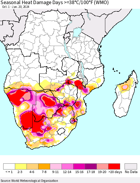 Southern Africa Seasonal Heat Damage Days >=38°C/100°F (WMO) Thematic Map For 10/1/2023 - 1/20/2024