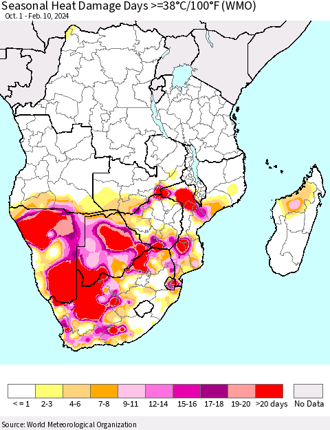 Southern Africa Seasonal Heat Damage Days >=38°C/100°F (WMO) Thematic Map For 10/1/2023 - 2/10/2024