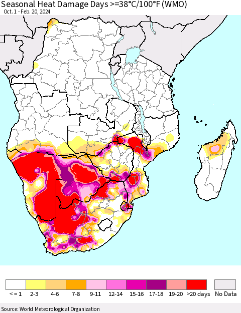Southern Africa Seasonal Heat Damage Days >=38°C/100°F (WMO) Thematic Map For 10/1/2023 - 2/20/2024