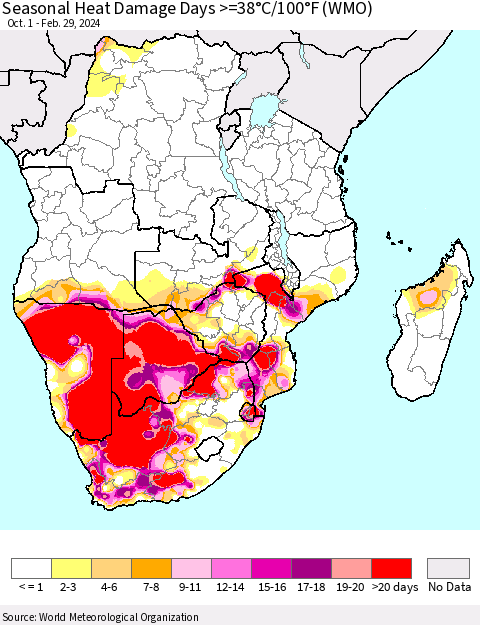 Southern Africa Seasonal Heat Damage Days >=38°C/100°F (WMO) Thematic Map For 10/1/2023 - 2/29/2024