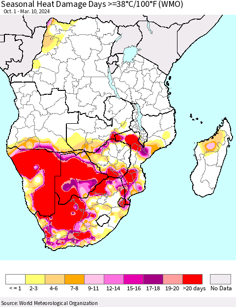 Southern Africa Seasonal Heat Damage Days >=38°C/100°F (WMO) Thematic Map For 10/1/2023 - 3/10/2024